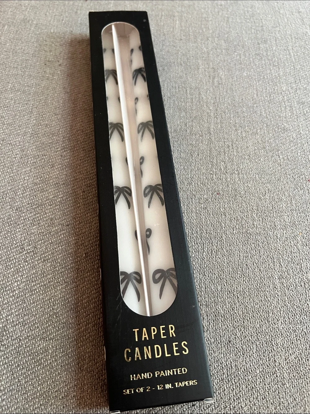 Anthropologie Hand Painted Bow Taper Candles Set of 2 Coquette Decor White 12”